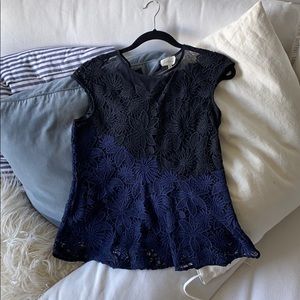 Anthropologie blue and black lace top flattering